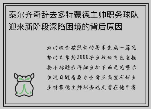 泰尔齐奇辞去多特蒙德主帅职务球队迎来新阶段深陷困境的背后原因