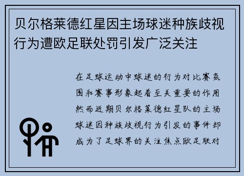 贝尔格莱德红星因主场球迷种族歧视行为遭欧足联处罚引发广泛关注